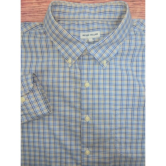 Peter Millar Mens Button-Down Shirt XXL Cotton Blend Blue-Tan Plaid - Picture 4 of 7